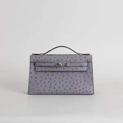 KELLY POCHETTE OSTRICH LEATHER GRIS AGATE WITH PALLADIUM HARDWARE (PHW) - 1