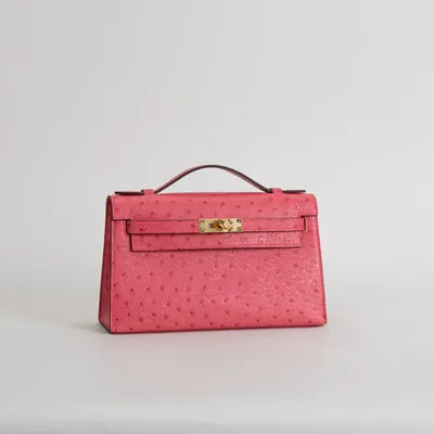 KELLY POCHETTE OSTRICH LEATHER ROSE TYRIEN WITH GOLD HARDWARE (GHW) - 2