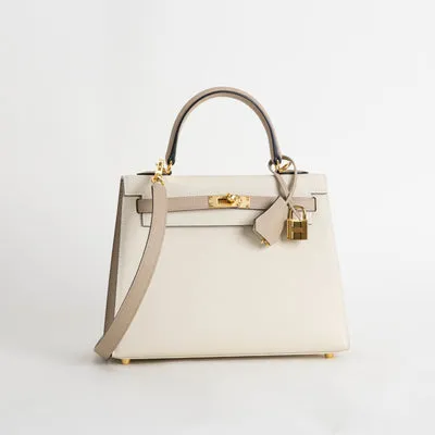 KELLY 25 EPSOM LEATHER HORSESHOE STAMP (HSS) BI-COLOR CRAIE & TRENCH WITH GOLD HARDWARE (GHW) - 2
