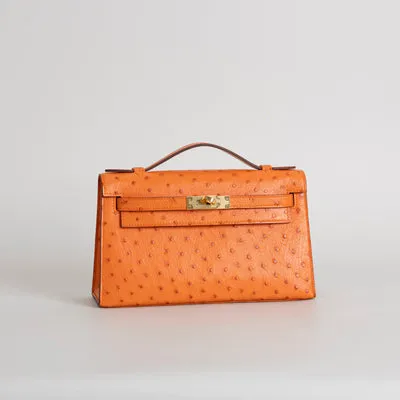 KELLY POCHETTE OSTRICH LEATHER ORANGE WITH GOLD HARDWARE (GHW) - 2