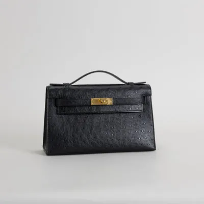 KELLY POCHETTE OSTRICH LEATHER NOIR (BLACK) WITH GOLD HARDWARE (GHW) - 2