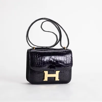 CONSTANCE 18 (MINI) SHINY MISSISSIPPIENSIS ALLIGATOR LEATHER NOIR (BLACK) WITH GOLD HARDWARE (GHW) - 2