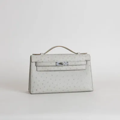 KELLY POCHETTE OSTRICH LEATHER GRIS PERLE WITH PALLADIUM HARDWARE (PHW) - 2