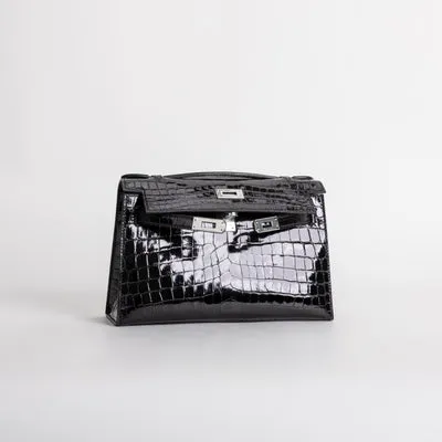 KELLY POCHETTE SHINY (LISSE) NILOTICUS CROCODILE LEATHER NOIR (BLACK) WITH PALLADIUM HARDWARE (PHW) - 3