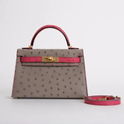 MINI KELLY II (20) OSTRICH LEATHER HORSESHOE STAMP (HSS) BI-COLOR GRIS ASPHALTE & ROSE TYRIEN WITH GOLD HARDWARE (GHW) - 1