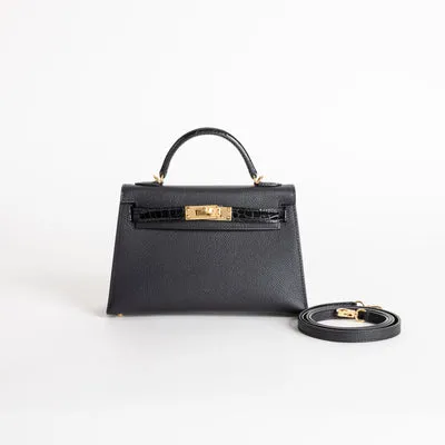 MINI KELLY II (20) TOUCH SHINY MISSISSIPPIENSIS ALLIGATOR LEATHER & EPSOM LEATHER NOIR (BLACK) WITH GOLD HARDWARE (GHW) - 1