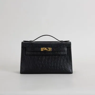 KELLY POCHETTE OSTRICH LEATHER NOIR (BLACK) WITH GOLD HARDWARE (GHW) - 1