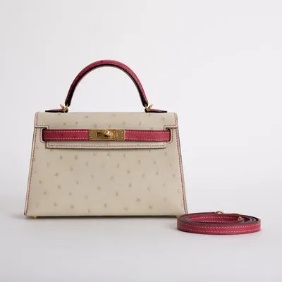MINI KELLY II (20) OSTRICH LEATHER HORSESHOE STAMP (HSS) BI-COLOR PARCHEMIN & ROSE TYRIEN WITH GOLD HARDWARE (GHW) - 1