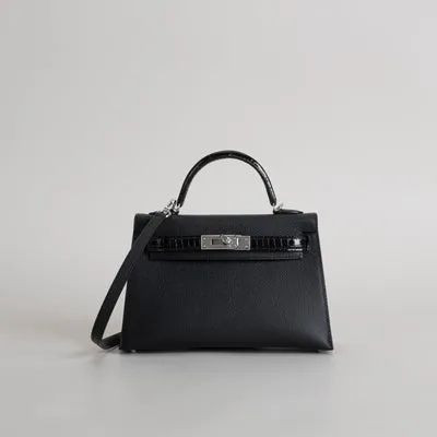 MINI KELLY II (20) TOUCH SHINY MISSISSIPPIENSIS ALLIGATOR LEATHER & EPSOM LEATHER NOIR (BLACK) WITH PALLADIUM HARDWARE (PHW) - 1