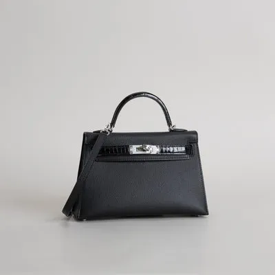 MINI KELLY II (20) TOUCH SHINY MISSISSIPPIENSIS ALLIGATOR LEATHER & EPSOM LEATHER NOIR (BLACK) WITH PALLADIUM HARDWARE (PHW) - 2