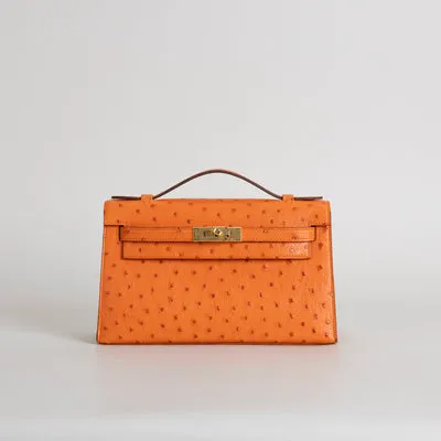 KELLY POCHETTE OSTRICH LEATHER ORANGE WITH GOLD HARDWARE (GHW) - 1