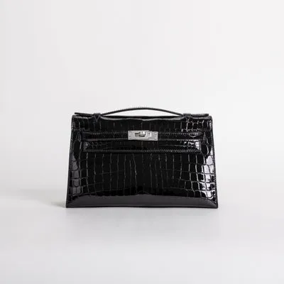 KELLY POCHETTE SHINY (LISSE) NILOTICUS CROCODILE LEATHER NOIR (BLACK) WITH PALLADIUM HARDWARE (PHW) - 1