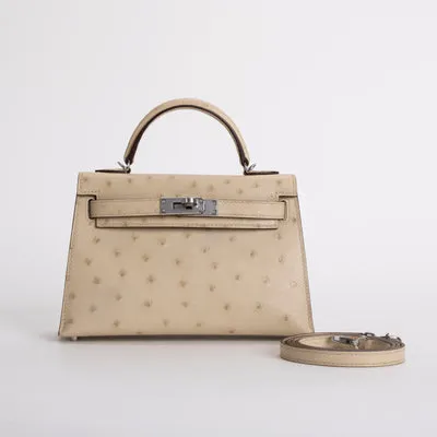 MINI KELLY II (20) OSTRICH LEATHER PARCHEMIN WITH PALLADIUM HARDWARE (PHW) - 1