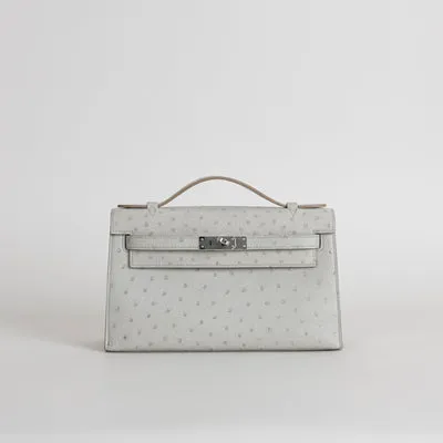 KELLY POCHETTE OSTRICH LEATHER GRIS PERLE WITH PALLADIUM HARDWARE (PHW) - 1