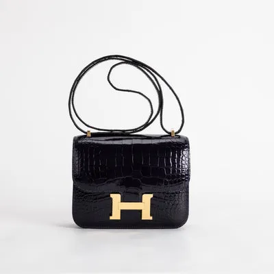 CONSTANCE 18 (MINI) SHINY MISSISSIPPIENSIS ALLIGATOR LEATHER NOIR (BLACK) WITH GOLD HARDWARE (GHW) - 1