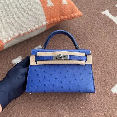MINI KELLY II (20) OSTRICH LEATHER BLEU ZELLIGE WITH PALLADIUM HARDWARE (PHW) - 1
