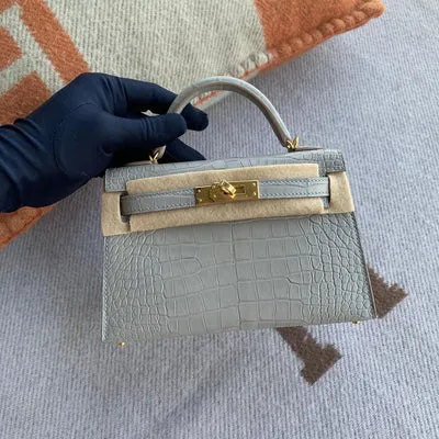 MINI KELLY II (20) MATTE MISSISSIPPIENSIS ALLIGATOR LEATHER GRIS PERLE WITH GOLD HARDWARE (GHW) - 3
