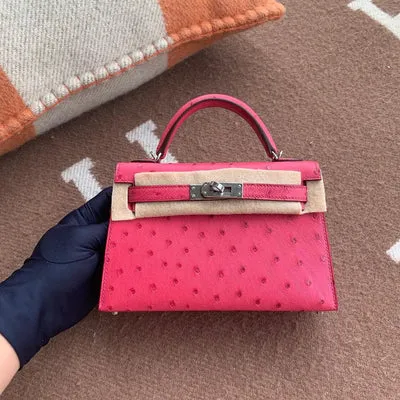 MINI KELLY II (20) OSTRICH LEATHER ROSE EXTREME WITH PALLADIUM HARDWARE (PHW) - 1