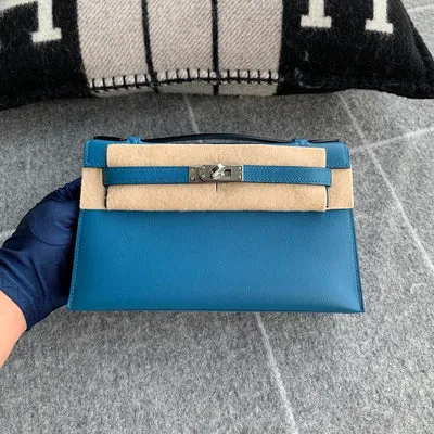 KELLY POCHETTE SWIFT LEATHER BLEU IZMIR WITH PALLADIUM HARDWARE (PHW) - 1