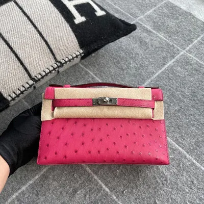 KELLY POCHETTE OSTRICH LEATHER ROSE TYRIEN WITH PALLADIUM HARDWARE (PHW) - 1
