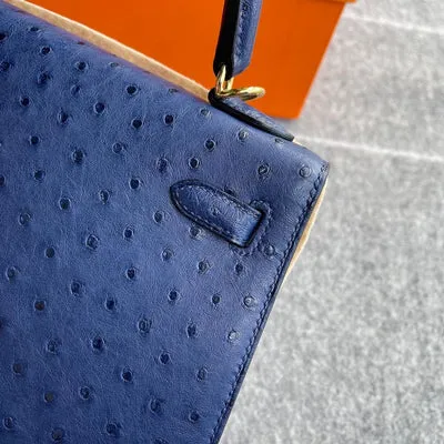 KELLY 25 OSTRICH LEATHER BLEU SAPHIR WITH GOLD HARDWARE (GHW) - 3