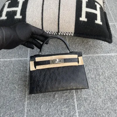 MINI KELLY II (20) OSTRICH LEATHER NOIR (BLACK) WITH PALLADIUM HARDWARE (PHW) - 3
