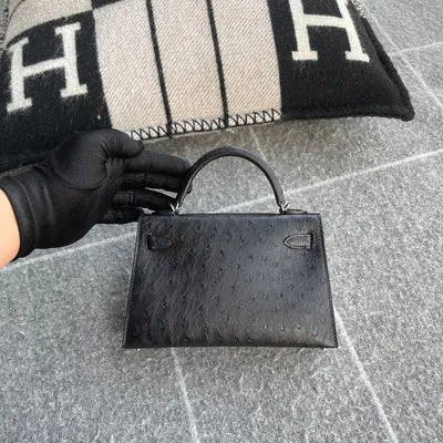 MINI KELLY II (20) OSTRICH LEATHER NOIR (BLACK) WITH PALLADIUM HARDWARE (PHW) - 2