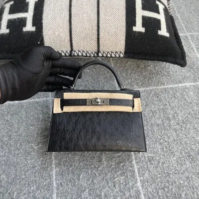 MINI KELLY II (20) OSTRICH LEATHER NOIR (BLACK) WITH PALLADIUM HARDWARE (PHW) - 1