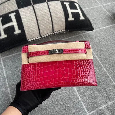 KELLY POCHETTE SHINY MISSISSIPPIENSIS ALLIGATOR LEATHER ROSE EXTREME WITH PALLADIUM HARDWARE (PHW) - 1