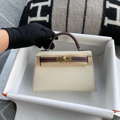 MINI KELLY II (20) EPSOM LEATHER HORSESHOE STAMP (HSS) BI-COLOR CRAIE & BORDEAUX WITH GOLD HARDWARE (GHW) - 1