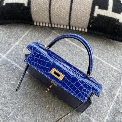 MINI KELLY II (20) SHINY MISSISSIPPIENSIS ALLIGATOR LEATHER BLUE ELECTRIC WITH GOLD HARDWARE (GHW) - 3