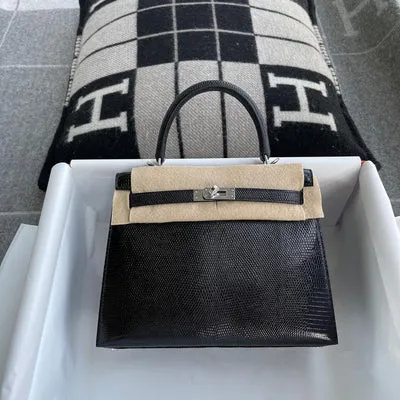 KELLY 25 NOIR (BLACK) LIZARD WITH PALLADIUM HARDWARE (PHW) - 1