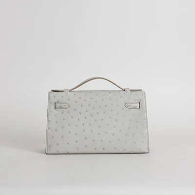 KELLY POCHETTE OSTRICH LEATHER GRIS PERLE WITH PALLADIUM HARDWARE (PHW) - 3