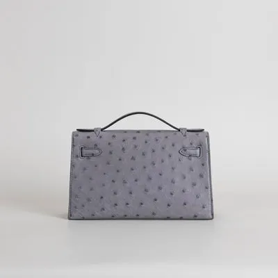 KELLY POCHETTE OSTRICH LEATHER GRIS AGATE WITH PALLADIUM HARDWARE (PHW) - 2