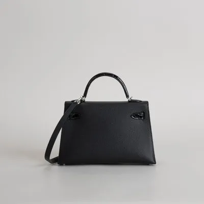 MINI KELLY II (20) TOUCH SHINY MISSISSIPPIENSIS ALLIGATOR LEATHER & EPSOM LEATHER NOIR (BLACK) WITH PALLADIUM HARDWARE (PHW) - 3