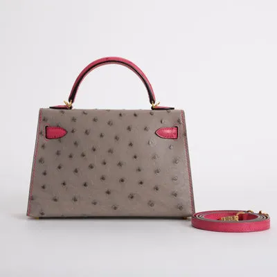 MINI KELLY II (20) OSTRICH LEATHER HORSESHOE STAMP (HSS) BI-COLOR GRIS ASPHALTE & ROSE TYRIEN WITH GOLD HARDWARE (GHW) - 3