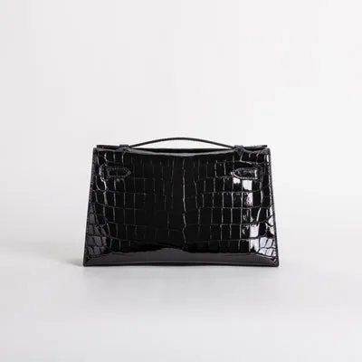 KELLY POCHETTE SHINY (LISSE) NILOTICUS CROCODILE LEATHER NOIR (BLACK) WITH PALLADIUM HARDWARE (PHW) - 2