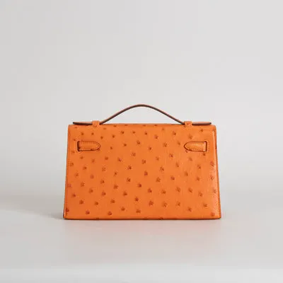 KELLY POCHETTE OSTRICH LEATHER ORANGE WITH GOLD HARDWARE (GHW) - 3