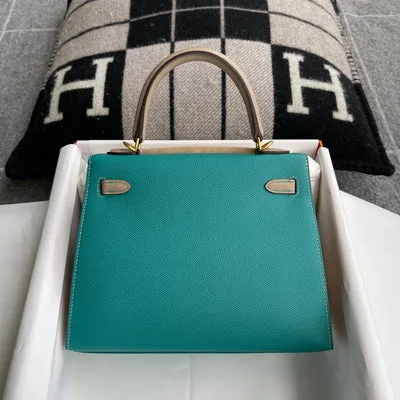 KELLY 25 EPSOM LEATHER HORSESHOE STAMP (HSS) BI-COLOR MALACHITE & TRENCH WITH BRUSHED GOLD HARDWARE (BGHW) - 2