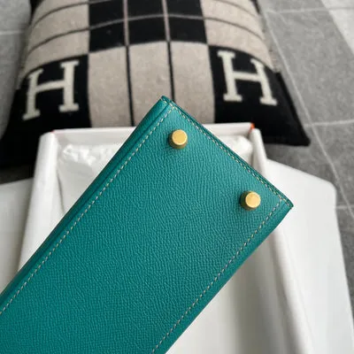 KELLY 25 EPSOM LEATHER HORSESHOE STAMP (HSS) BI-COLOR MALACHITE & TRENCH WITH BRUSHED GOLD HARDWARE (BGHW) - 7