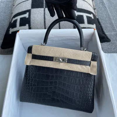 KELLY 25 MATTE MISSISSIPPIENSIS ALLIGATOR LEATHER NOIR (BLACK) WITH PALLADIUM HARDWARE (PHW) - 3