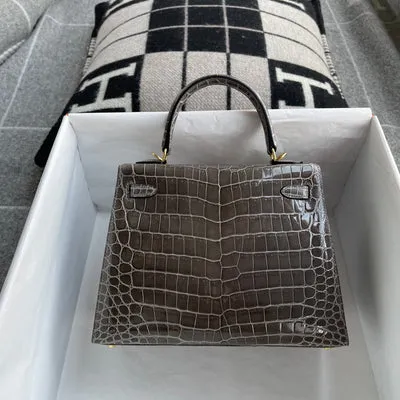 KELLY 25 SHINY (LISSE) NILOTICUS CROCODILE LEATHER GRIS TOURTERELLE WITH GOLD HARDWARE (GHW) - 3