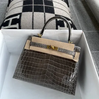 KELLY 25 SHINY (LISSE) NILOTICUS CROCODILE LEATHER GRIS TOURTERELLE WITH GOLD HARDWARE (GHW) - 4