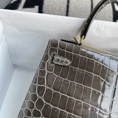 KELLY 25 SHINY (LISSE) NILOTICUS CROCODILE LEATHER GRIS TOURTERELLE WITH GOLD HARDWARE (GHW) - 6