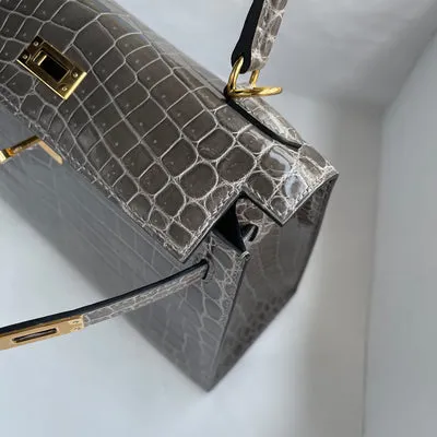 KELLY 25 SHINY (LISSE) NILOTICUS CROCODILE LEATHER GRIS TOURTERELLE WITH GOLD HARDWARE (GHW) - 5