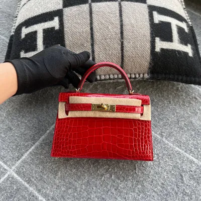 MINI KELLY II (20) SHINY (LISSE) MISSISSIPPIENSIS ALLIGATOR LEATHER BRAISE WITH GOLD HARDWARE (GHW) - 1