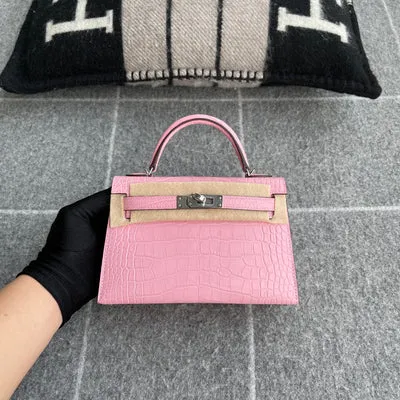 MINI KELLY II (20) MATTE MISSISSIPPIENSIS ALLIGATOR LEATHER BUBBLEGUM WITH PALLADIUM HARDWARE (PHW) - 1