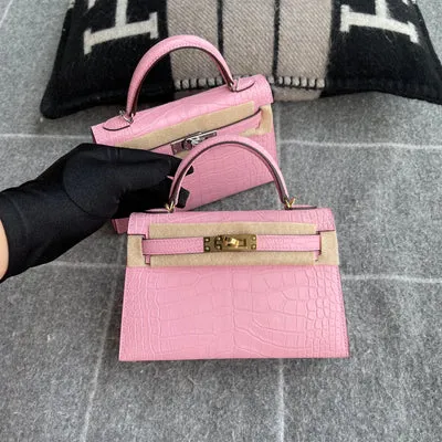 MINI KELLY II (20) MATTE MISSISSIPPIENSIS ALLIGATOR LEATHER BUBBLEGUM WITH GOLD HARDWARE (GHW) - 3