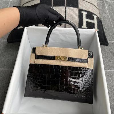 KELLY 25 SHINY (LISSE) MISSISSIPPIENSIS ALLIGATOR LEATHER NOIR (BLACK) WITH GOLD HARDWARE (GHW) - 3