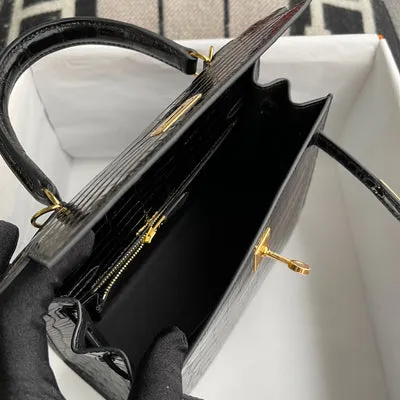 KELLY 25 SHINY (LISSE) MISSISSIPPIENSIS ALLIGATOR LEATHER NOIR (BLACK) WITH GOLD HARDWARE (GHW) - 5
